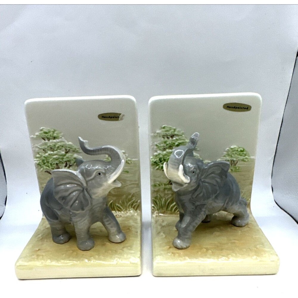 Vtg Japan Ceramic Elephant Bookends Trunk Up Hand Painted Mid Century Porcelain